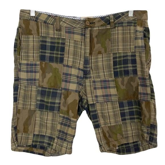 NWOT OLDE SCHOOL BRAND Shorts 34 Patchwork Plaid Brown Camo Indian Madras - Picture 1 of 5